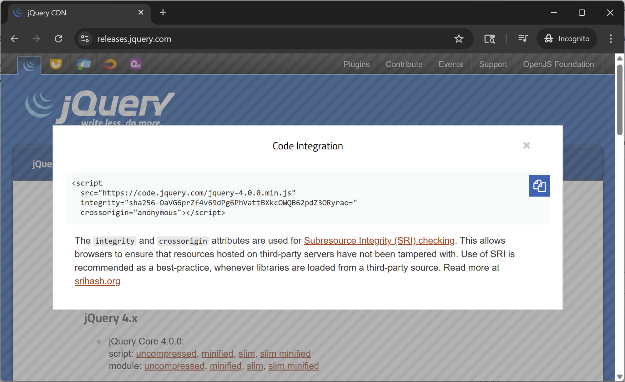 jQuery CDN page showing SRI hashes for each release