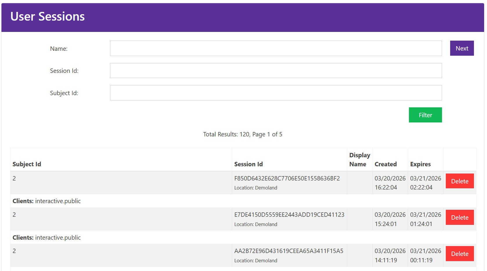 An image from https://demo.duendesoftware.com/ServerSideSessions showing 3 active sessions for a signed-in user with a 'Delete' button